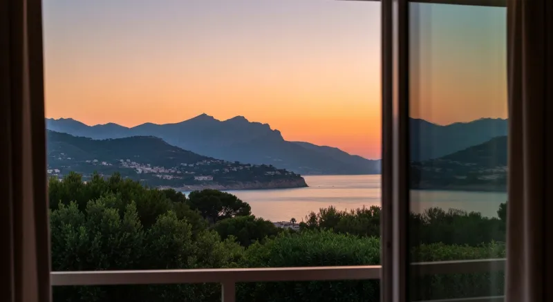 Coucher de soleil sur la mer depuis un balcon d'hotel a Juan-les-Pins