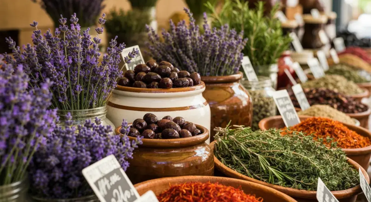Etals de lavande, olives et herbes au marche provencal d'Antibes