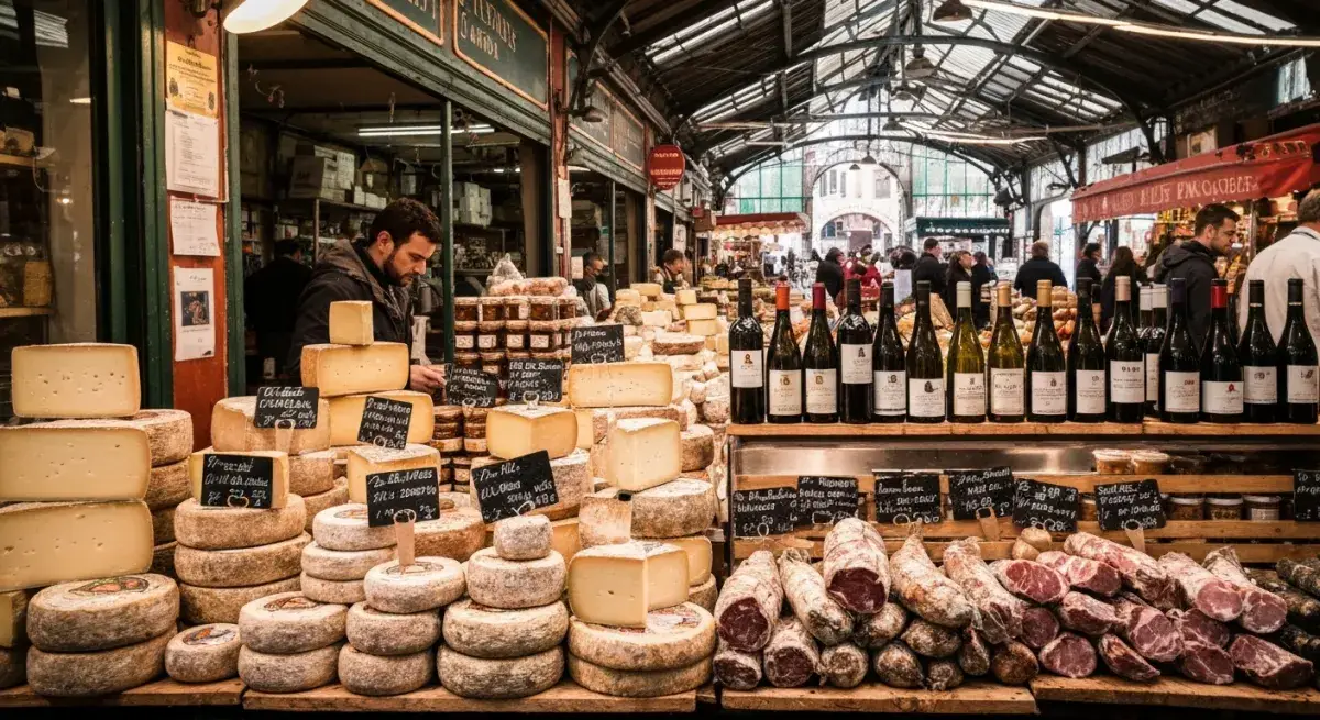 Interieur du marche couvert d'Antibes, fromages et charcuterie