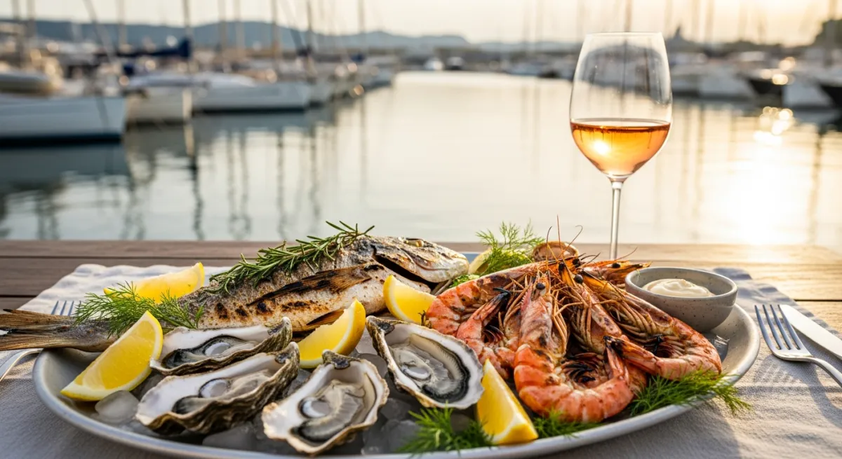 Terrasse d'un restaurant dans le Vieil Antibes avec vue sur les remparts