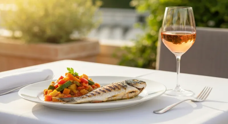 Plat de poisson frais et rose sur terrasse provencale