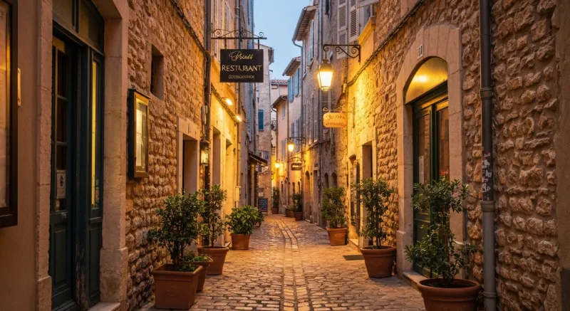 Ruelle pavee du Vieil Antibes au crepuscule avec terrasses