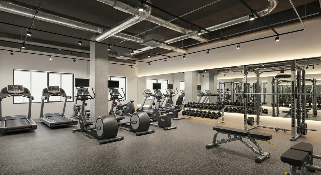 Salle de musculation moderne avec equipements Technogym et grandes baies vitrees